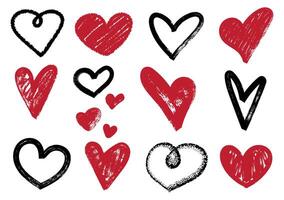 Set of hand drawn hearts in brush stroke texture paint style vector