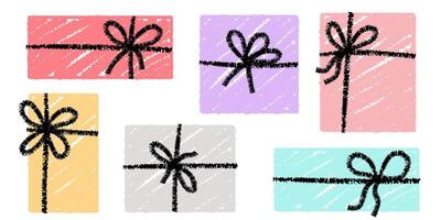 Colorful crayon textured gift boxes with tied bows. Elegant minimal line stroke style. chalk graphic elements. vector