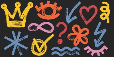 Collection of colorful charcoal graffiti various geometric shapes. Bold marker brush drawn curved doodle elements for templates and collages. Punk and grunge style vector