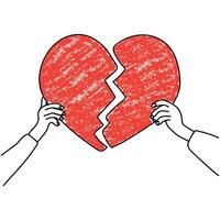Brush drawn hands holding a piece of broken heart. Divorce or heartbreak concept. Elegant minimal line stroke style. chalk graphic element vector
