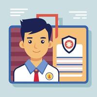employee ID cards with smiling male avatars, featuring a clean and colorful design, badge holder, and personal information fields for identification. vector
