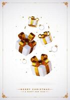 Happy Holidays. A white gift box adorned with a gold ribbon and sparkling gold sequin confetti set against a crisp white backdrop. vector