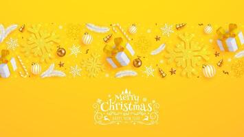Festive Christmas featuring snowflakes, wrapped presents, and decorative elements set against a bright yellow backdrop. vector