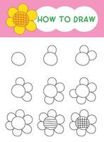 How to draw floewer or flora cartoon step by step for learning, kid, education and coloring book. vector