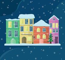 Buildings with snow and light on dark background. vector