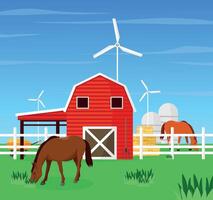 Stable with horses, windmills and hay. Agriculture and cattle. vector