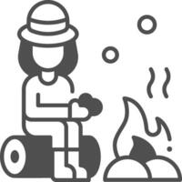 Woman sitting by campfire, icon vector