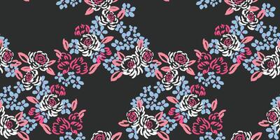 Abstract, artistic shapes rose flowers intertwined in a seamless pattern on a black background. Colorful blooming floral brush ornament. hand drawn sketch. vector