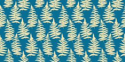 Abstract artistic branches leaves fern seamless pattern. hand drawing. Shapes stylized leaf stems print on a turquoise background. Simple ornament for designs, textile, fabric, cover vector