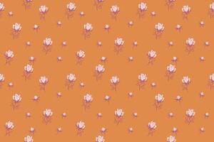 Seamless floral pattern with abstract tiny rose, buds. Cute ditsy flowers print on a vintage yellow background. hand drawn sketch. Minimalist ornament for surface designs, children textiles, vector