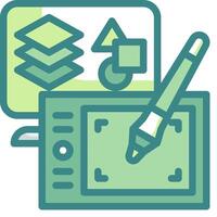 A green tablet with a pen and a computer vector