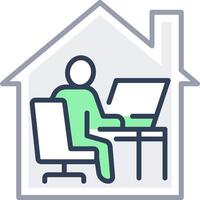A person sitting at a desk in a house with a computer vector