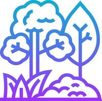 A blue and purple line icon of trees and clouds vector