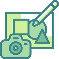 A camera and a pencil are next to a green triangle vector