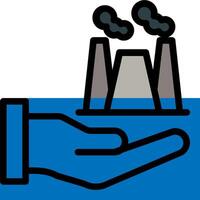 A hand holding a blue and white icon with a factory vector