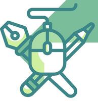 A mouse, pen, and pencil are shown in a green and white design vector
