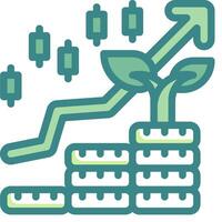 A green icon with a plant growing on top of a stack of coins vector