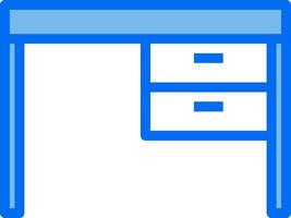A blue and white icon of a desk vector