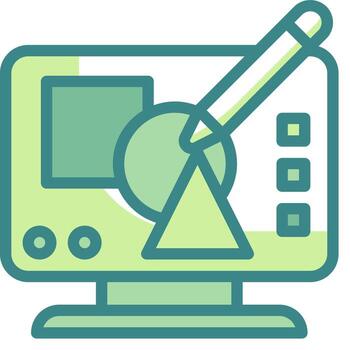 un computadora monitor con un bolígrafo y un triángulo vector