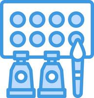 A blue and white icon of a paintbrush and a bottle vector