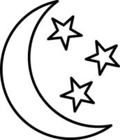 A black and white drawing of a crescent with stars vector