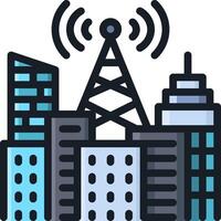 A city with a radio tower and a cell phone vector
