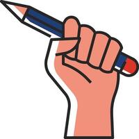 A hand holding a pencil with a red and blue tip vector