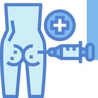 A syringe and a needle are shown next to a blue and white background vector