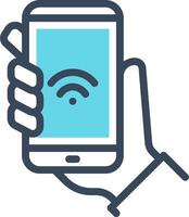 A hand holding a smart phone with a wifi symbol vector
