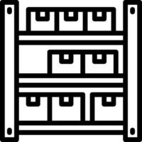 A black and white icon of a shelf with boxes vector
