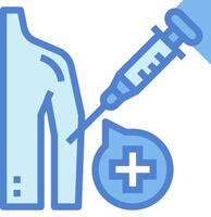 A syringe and a needle are next to a blue and white medical symbol vector