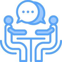 A blue icon of two people sitting at a table with a speech bubble vector