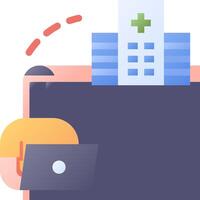 A person is sitting on a laptop with a hospital building in the background vector