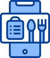A blue and white icon of a fork, spoon and knife vector