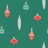 Seamless pattern with glass Christmas tree decorations on green background. Christmas and New Year. illustration. vector