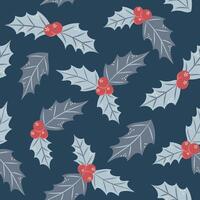 Seamless pattern with holly on dark background. Christmas and New Year. illustration. vector