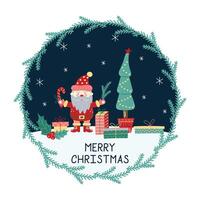 Merry Christmas Card with Santa Claus. Greeting card on dark background and round frame. Christmas and New Year. illustration. vector