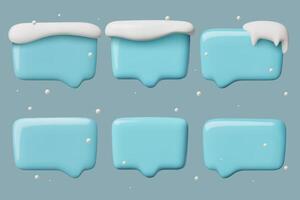 Blue winter 3d realistic speech bubbles collection with icicles and snow vector
