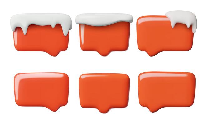 Red winter 3d speech bubbles set with snow caps and icicles