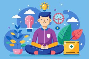 A man meditating with a light bulb and other items vector