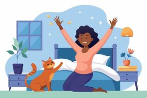 Woman waking up with cat in bed vector
