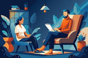 A man and woman sitting in chairs with laptops vector