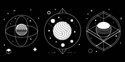 Three different planets and moons in a black background vector