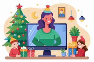 A woman is sitting in front of a computer with a christmas tree and presents vector