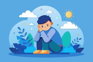 Sad man sitting on the ground with clouds and sun vector