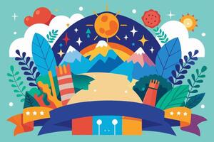 A colorful banner with mountains, trees, and a rainbow vector