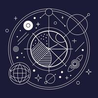 The planets and stars are shown in a circle vector