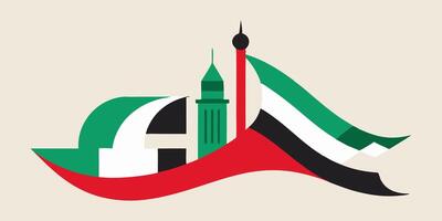 The uae flag is shown with a tower and a mosque vector