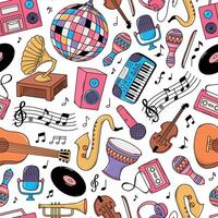 Music doodles seamless pattern with musical instruments and notes for wallpaper, textile print, stationery, backgrounds, digital paper, wrapping paper, etc. EPS 10 vector
