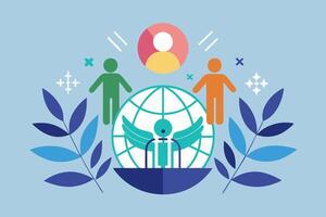 People are standing around a globe with a person in the middle vector